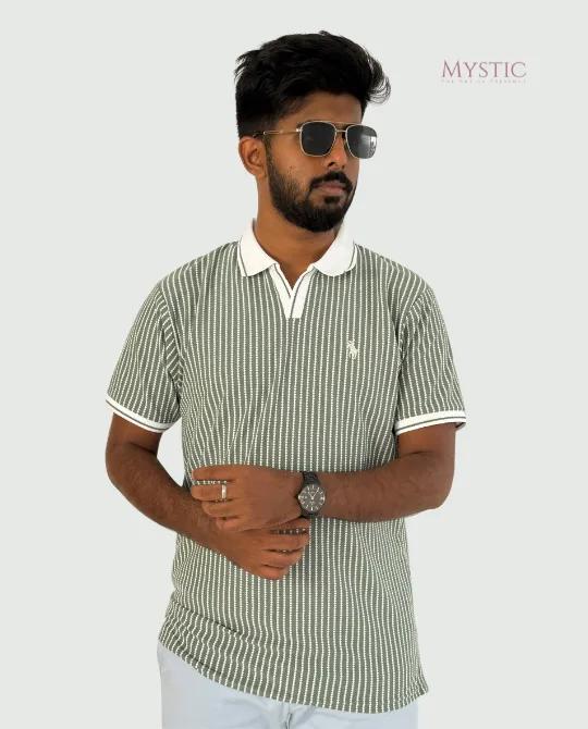 White Green Vertical Stripe Polo