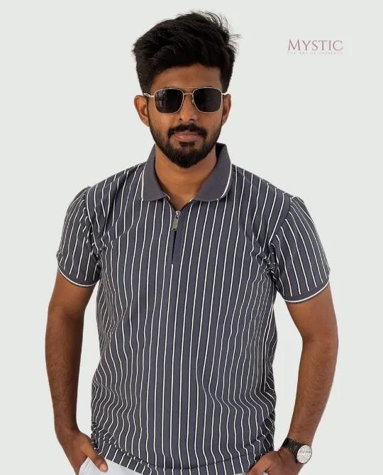 Deep Blue Black/White Vertical Stripe Polo