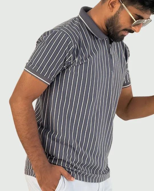 Deep Blue Black/White Vertical Stripe Polo view 2