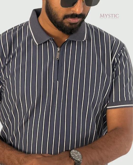 Deep Blue Black/White Vertical Stripe Polo view 3